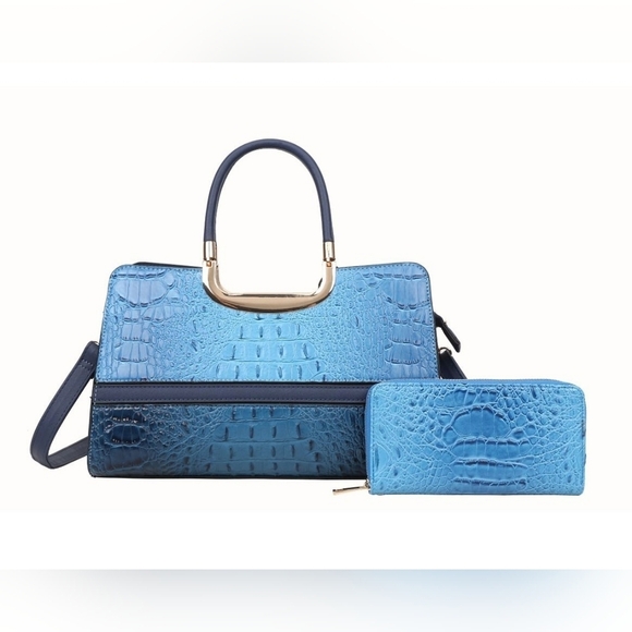 American Bee Alligator Embossed Leather Two Piece Blue Women's Handbag Set - Picture 1 of 7